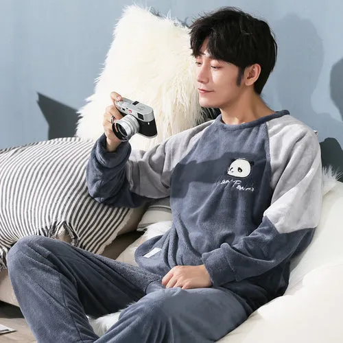 Wjczt 4XL 5XL 95kg Nightwear Long Sleeve Winter Warm Flannel Pajamas Sets Print Sleepwear Long Pant Male Men Pajama Set