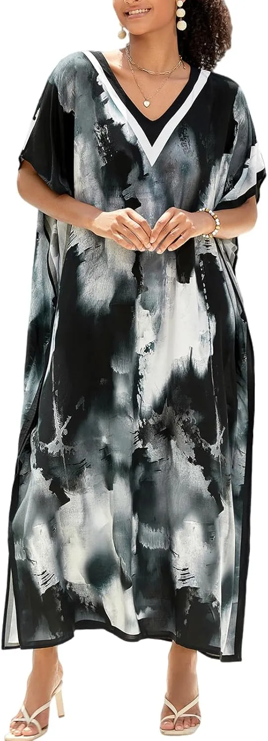 Women Kaftan Dress Coverups Swimwear Plus Size Floral Holiday Casual Dress Loose Fit One Size