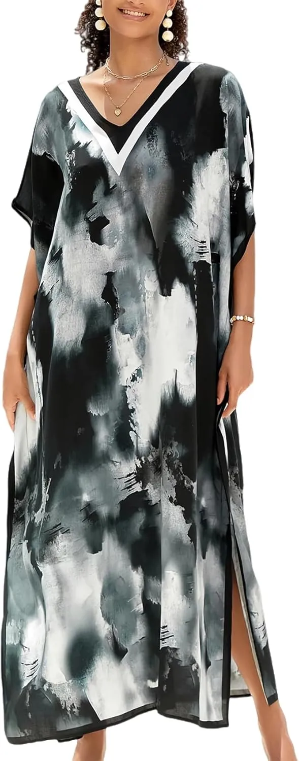 Women Kaftan Dress Coverups Swimwear Plus Size Floral Holiday Casual Dress Loose Fit One Size