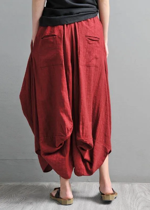 Women Red Pockets Cotton Linen Big crotch pants Summer Pants