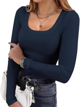 Women Ribbed Long Sleeve T Shirt - High Stretch Slim Fit Tee, Soft Basic Tops Women Long Sleeve T Shirt
