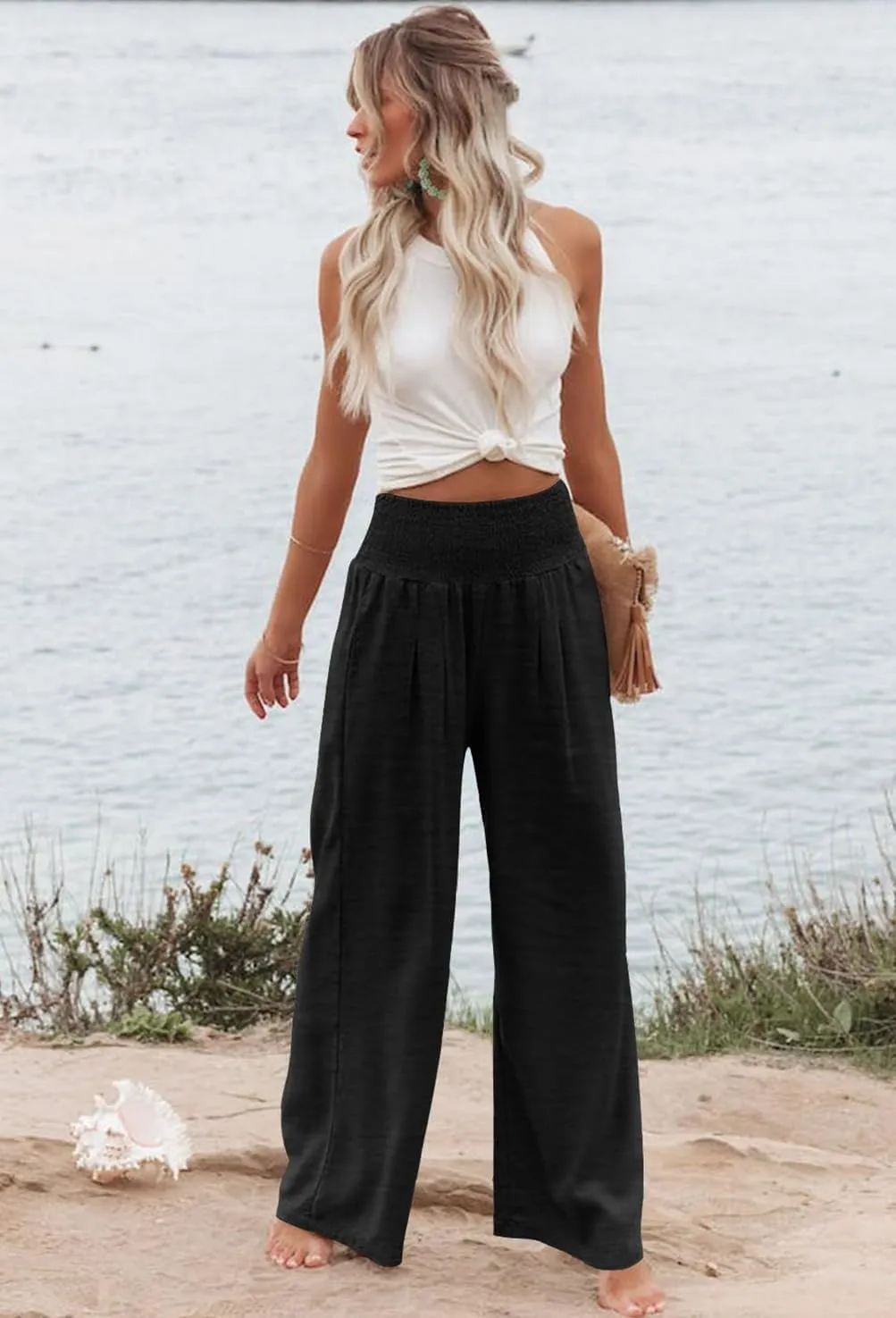 Womens High Waisted Wide Leg Palazzo Pants Casual Lounge Boho Flowy Pants with Pockets