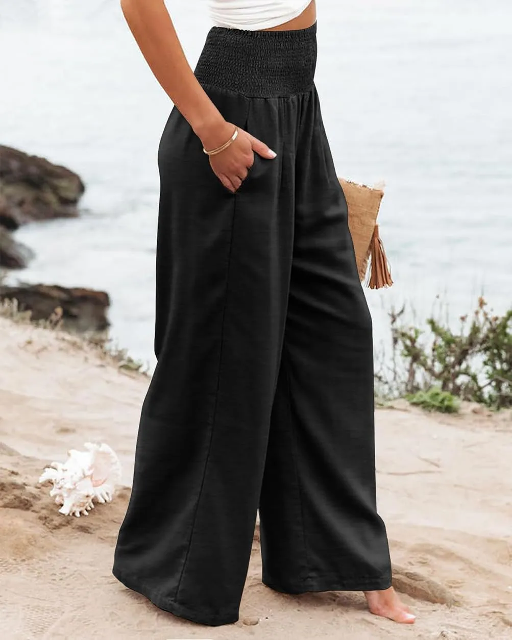 Womens High Waisted Wide Leg Palazzo Pants Casual Lounge Boho Flowy Pants with Pockets