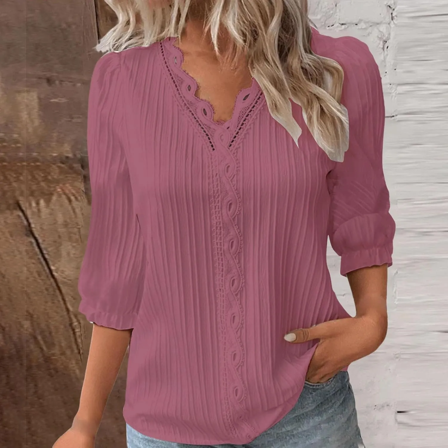 Women's Lace Trim V Neck Textured Tops Elbow Sleeve Shirts Casual Trendy Blouse Office Work Business Elegant Shirts