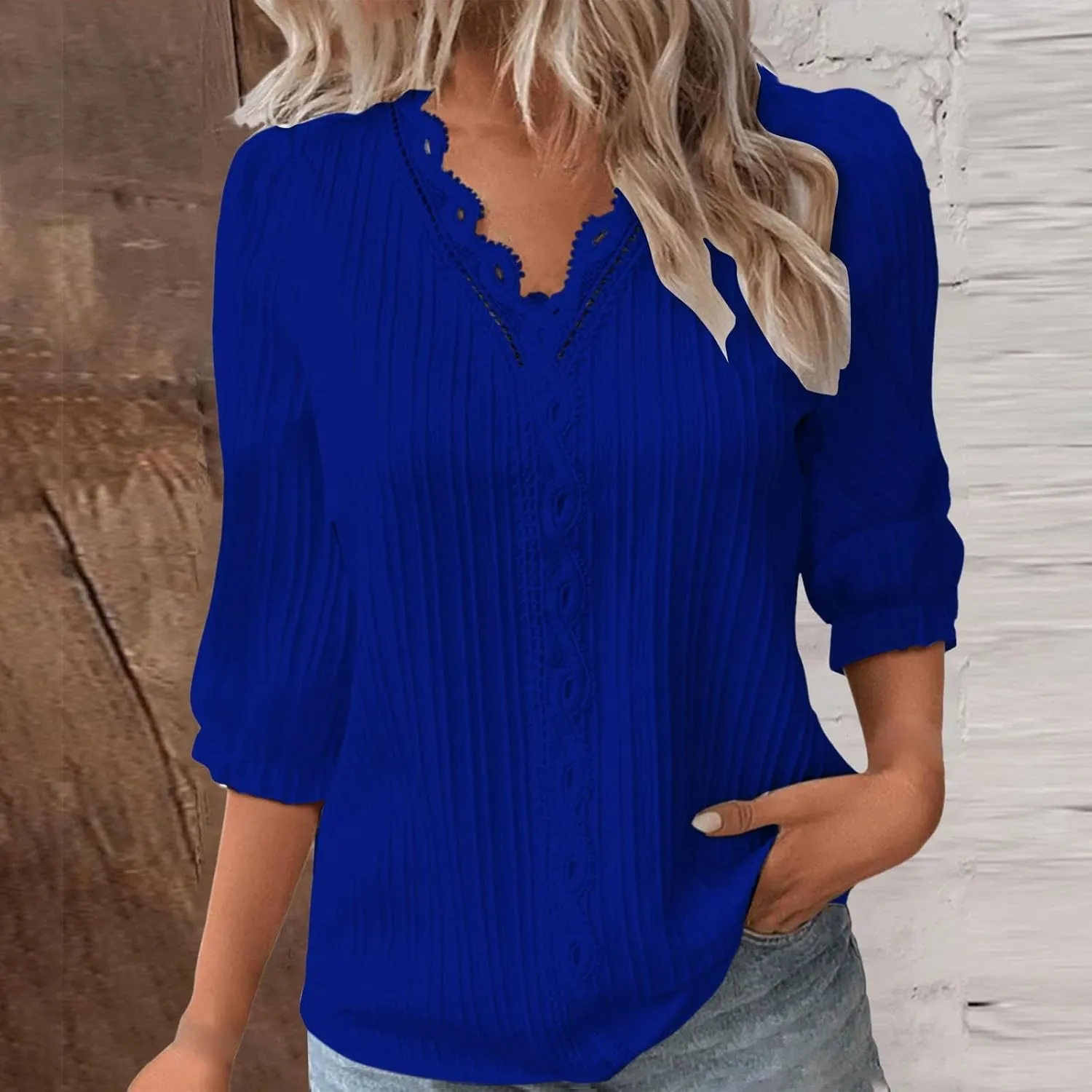 Women's Lace Trim V Neck Textured Tops Elbow Sleeve Shirts Casual Trendy Blouse Office Work Business Elegant Shirts