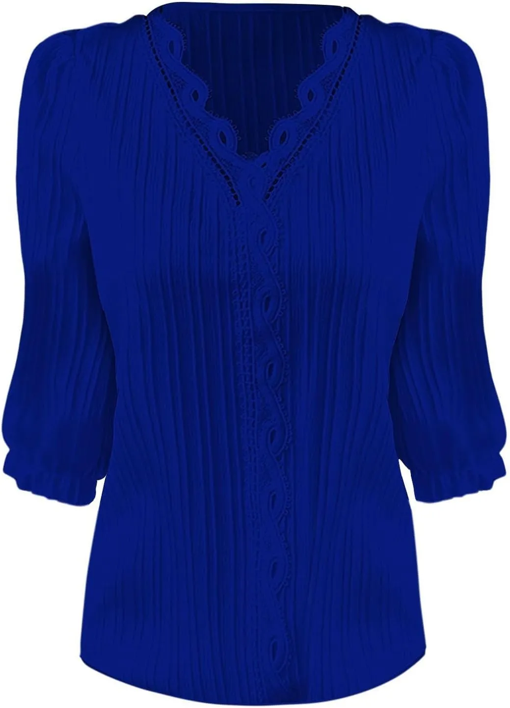 Women's Lace Trim V Neck Textured Tops Elbow Sleeve Shirts Casual Trendy Blouse Office Work Business Elegant Shirts