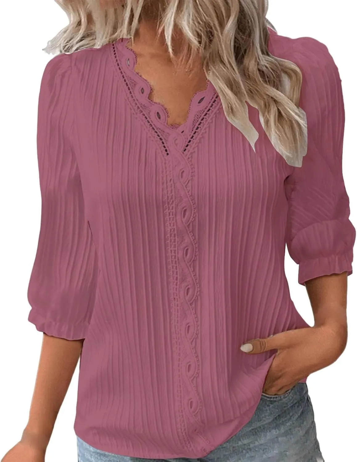 Women's Lace Trim V Neck Textured Tops Elbow Sleeve Shirts Casual Trendy Blouse Office Work Business Elegant Shirts