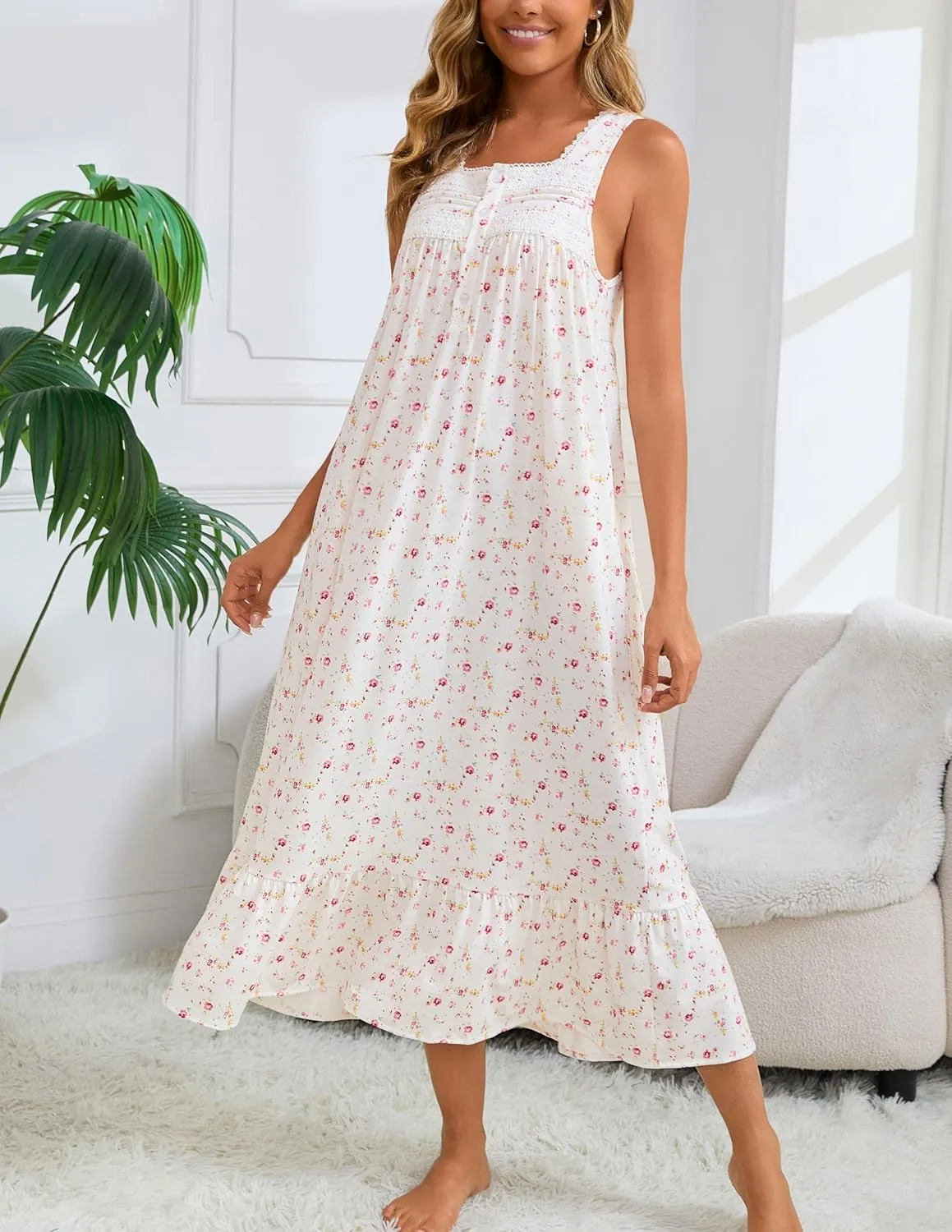 Women's Nightgown Cotton Victorian Nightdress Long Sleeveless Sleep Gown with 2 Pockets S-3XL