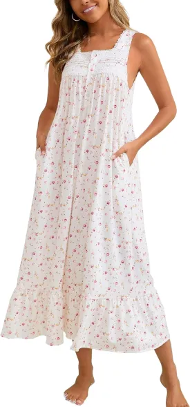 Women's Nightgown Cotton Victorian Nightdress Long Sleeveless Sleep Gown with 2 Pockets S-3XL