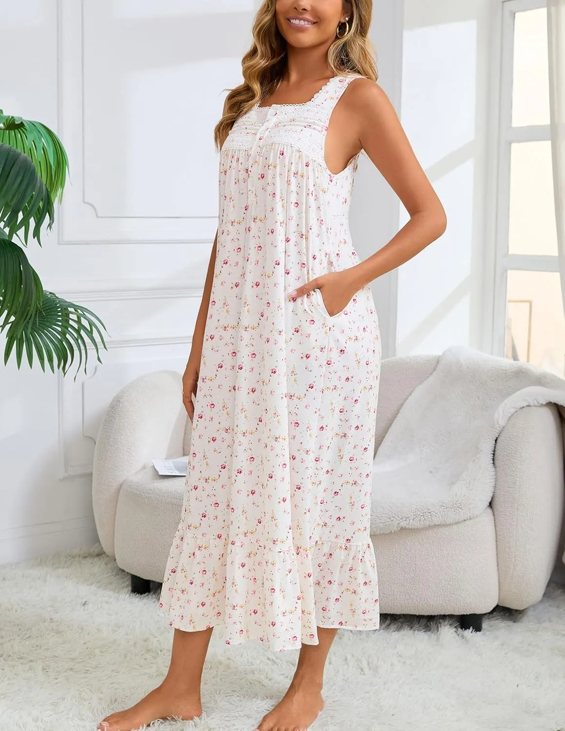 Women's Nightgown Cotton Victorian Nightdress Long Sleeveless Sleep Gown with 2 Pockets S-3XL