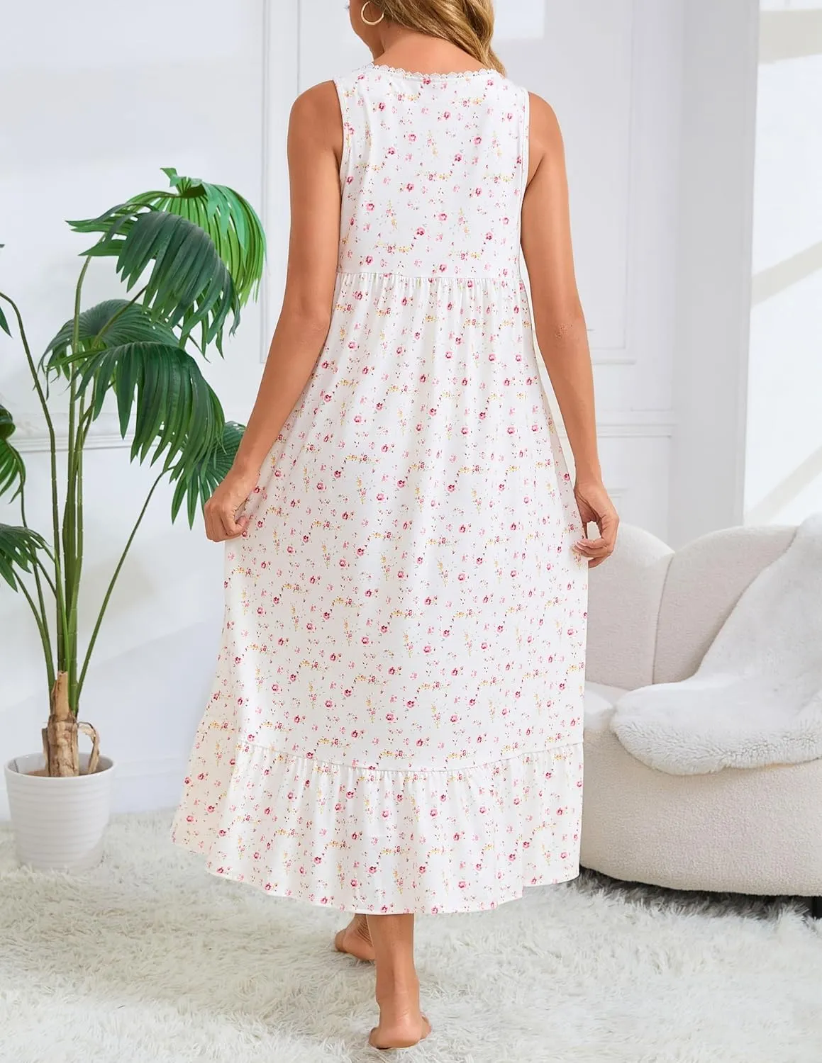 Women's Nightgown Cotton Victorian Nightdress Long Sleeveless Sleep Gown with 2 Pockets S-3XL