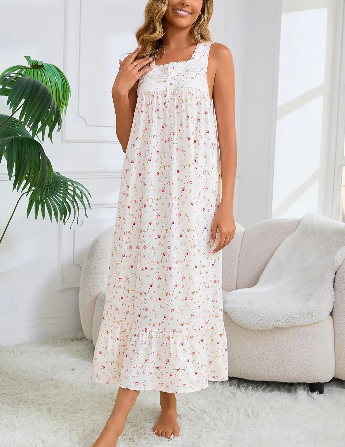 Women's Nightgown Cotton Victorian Nightdress Long Sleeveless Sleep Gown with 2 Pockets S-3XL