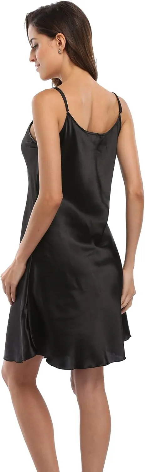 Women's Satin Lingerie Sexy V-Neck Sleepwear Nightdress Full Slip Dress Spaghetti Strap Nightgown Sleepshirt