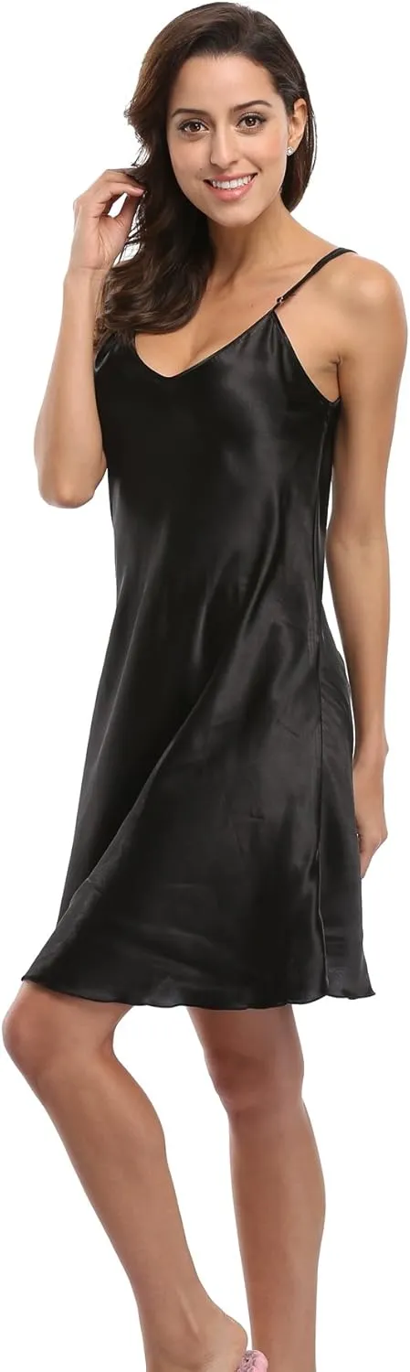 Women's Satin Lingerie Sexy V-Neck Sleepwear Nightdress Full Slip Dress Spaghetti Strap Nightgown Sleepshirt