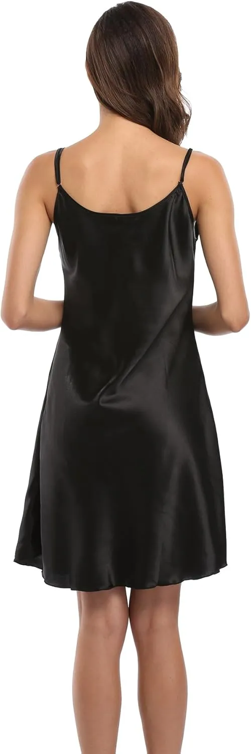 Women's Satin Lingerie Sexy V-Neck Sleepwear Nightdress Full Slip Dress Spaghetti Strap Nightgown Sleepshirt