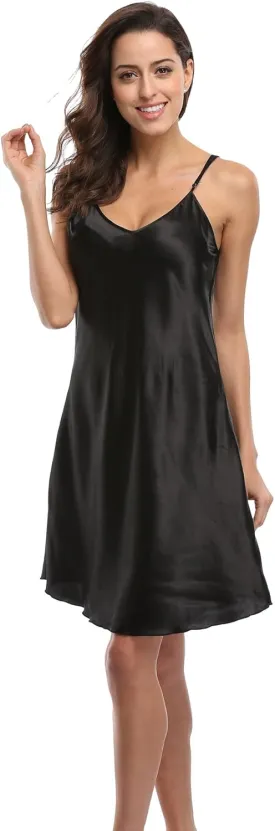 Women's Satin Lingerie Sexy V-Neck Sleepwear Nightdress Full Slip Dress Spaghetti Strap Nightgown Sleepshirt