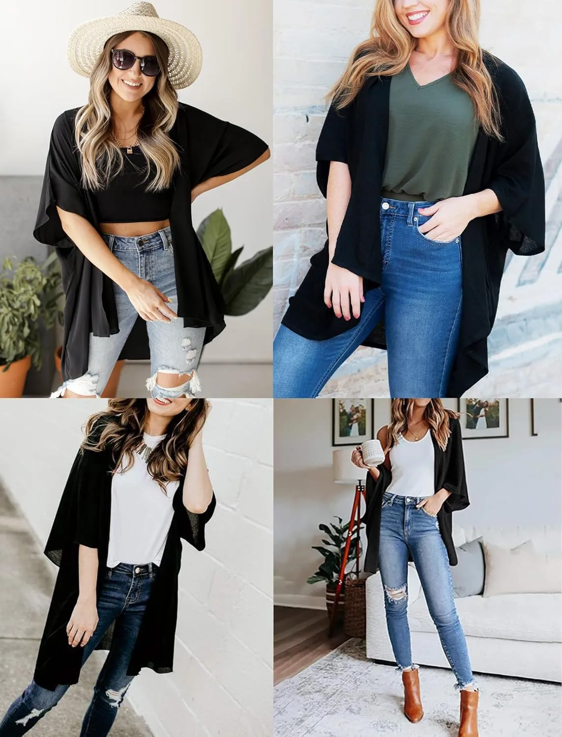 Yekaty Women Cardigan 3/4 Sleeves Open Front Lightweight Cardigan Draped Ruffles Knit Cardigan